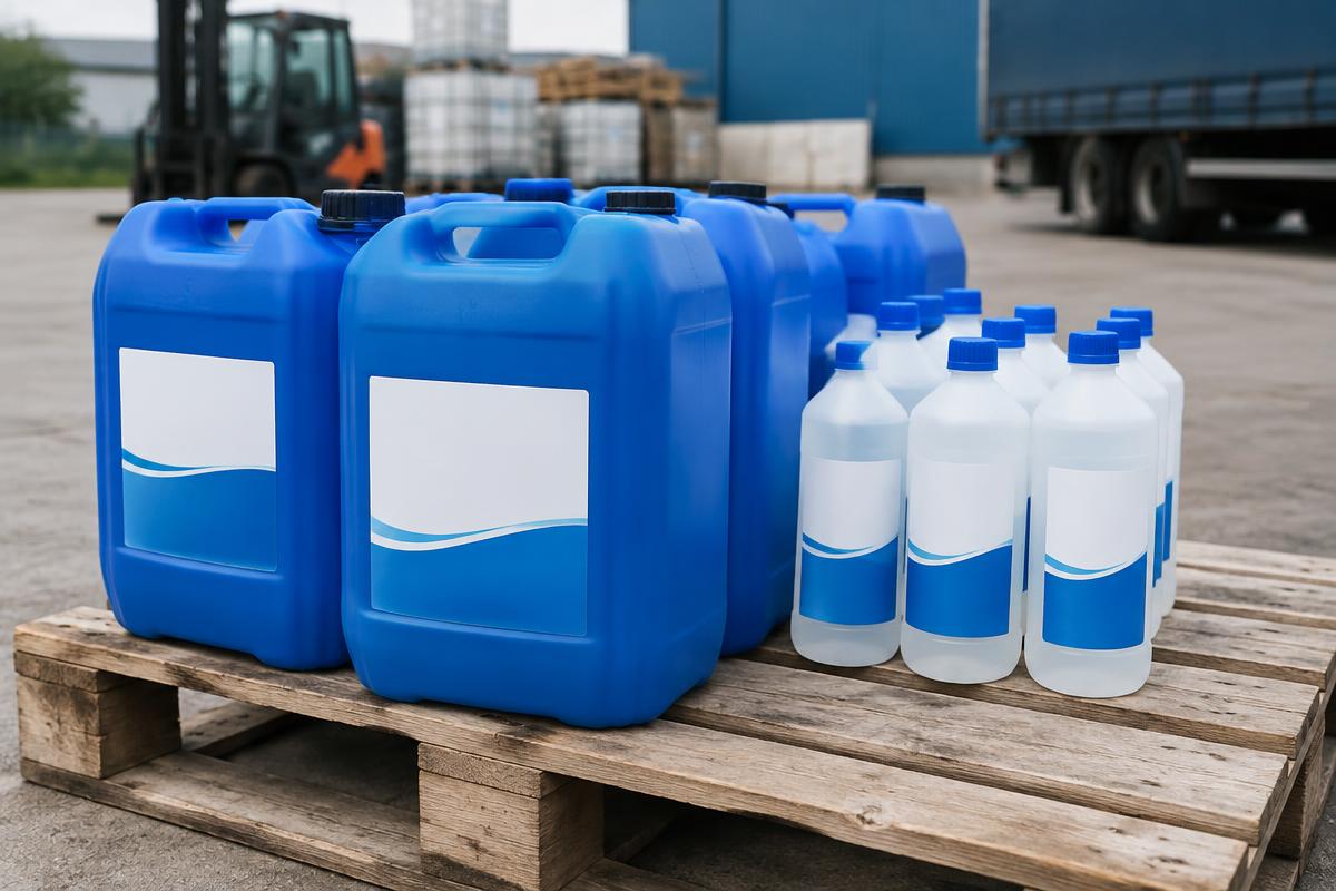 Blue jerricans and bottles of AdBlue fluid stacked on a pallet in a depot yard