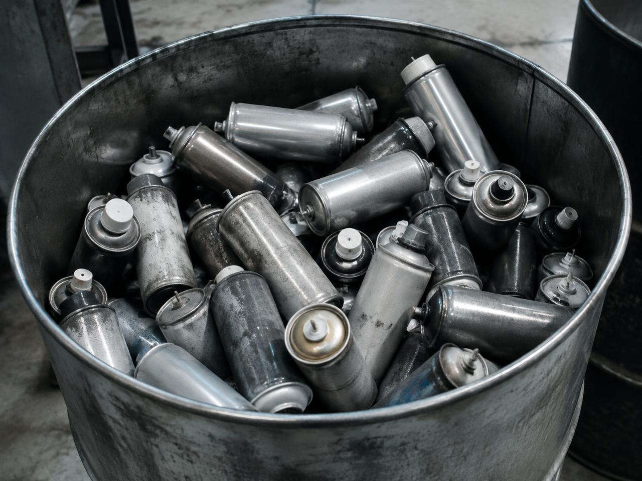 Steel drum filled with used aerosol spray cans before puncturing and recycling