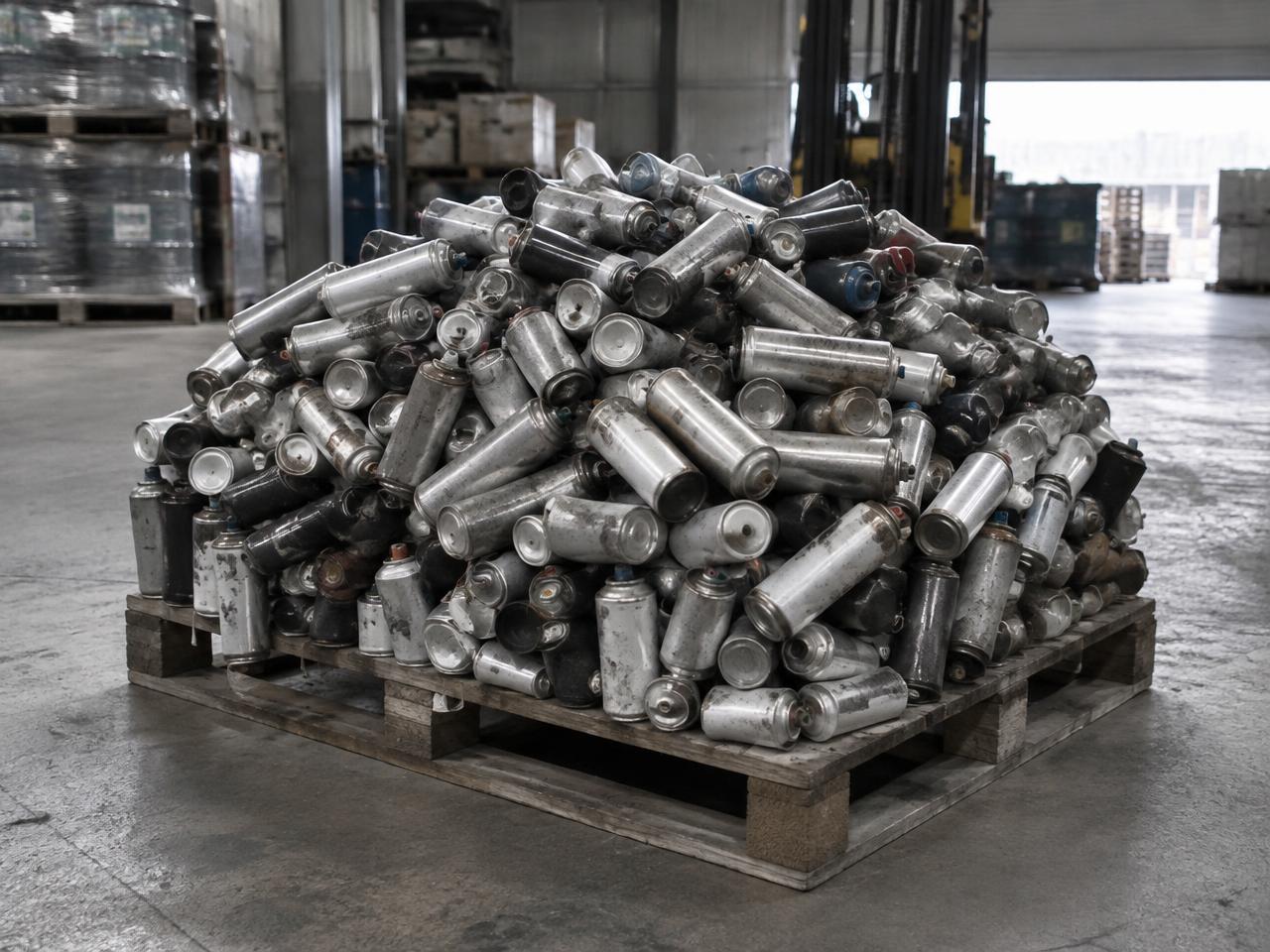Pallet piled with waste aerosol spray cans ready for collection