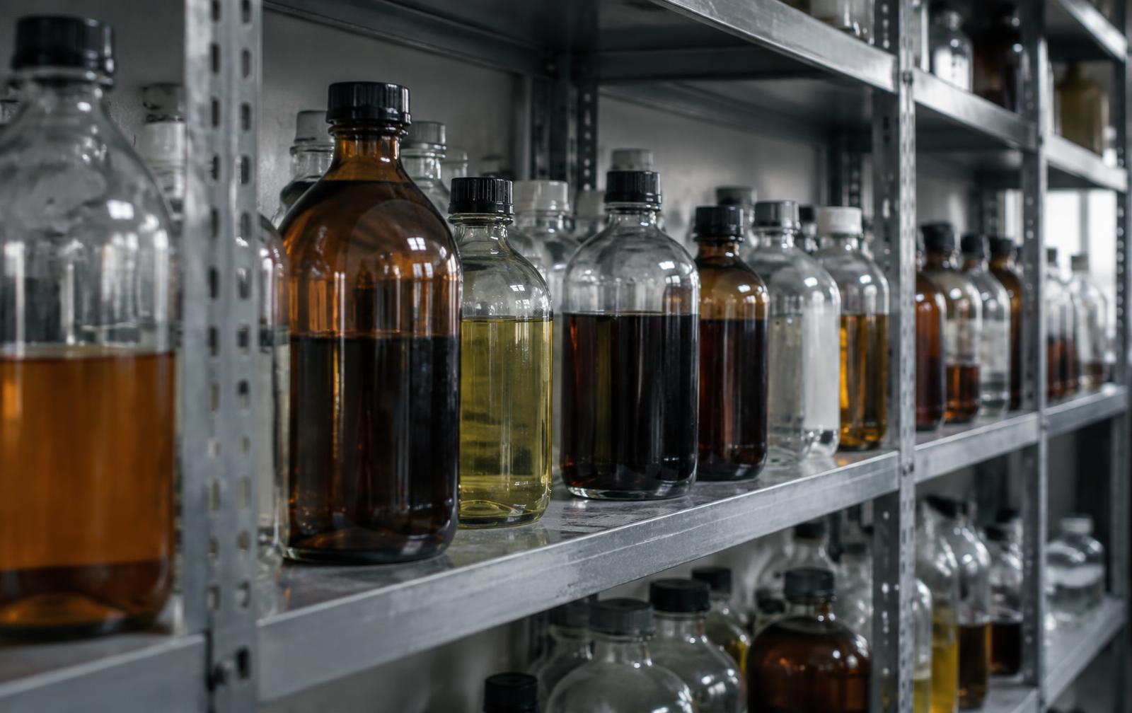 Laboratory chemical bottles on shelving awaiting classification and collection
