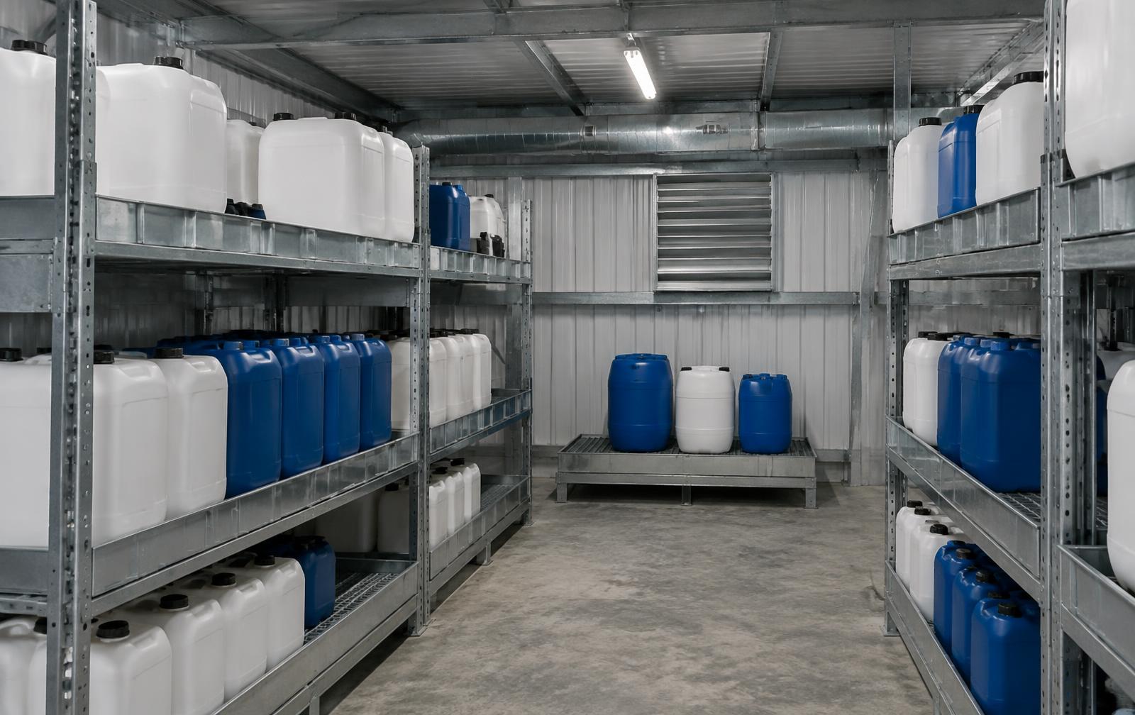 COSHH chemical containers stored on racking in a bunded chemical store