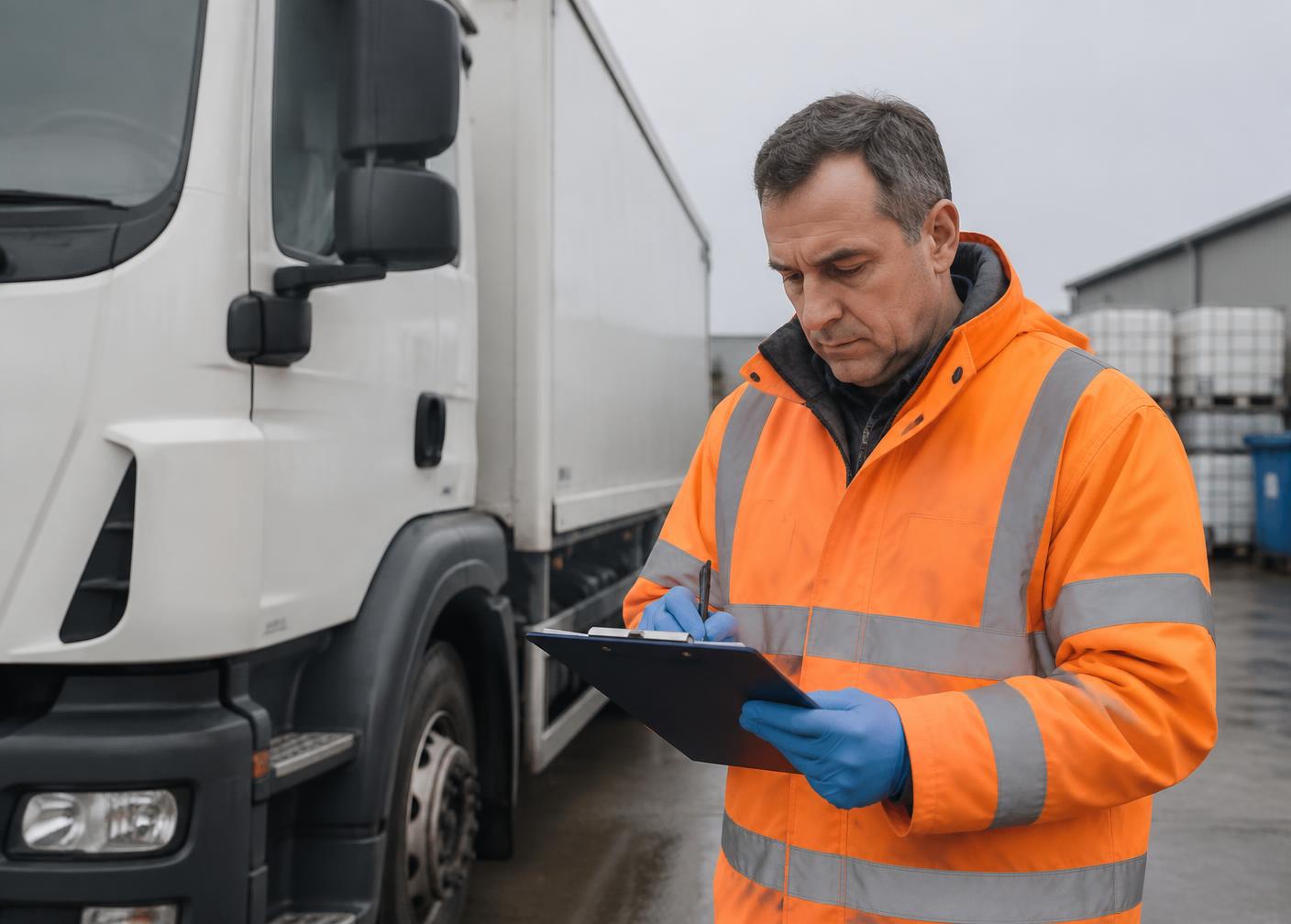 Driver completing hazardous waste consignment paperwork beside a collection vehicle