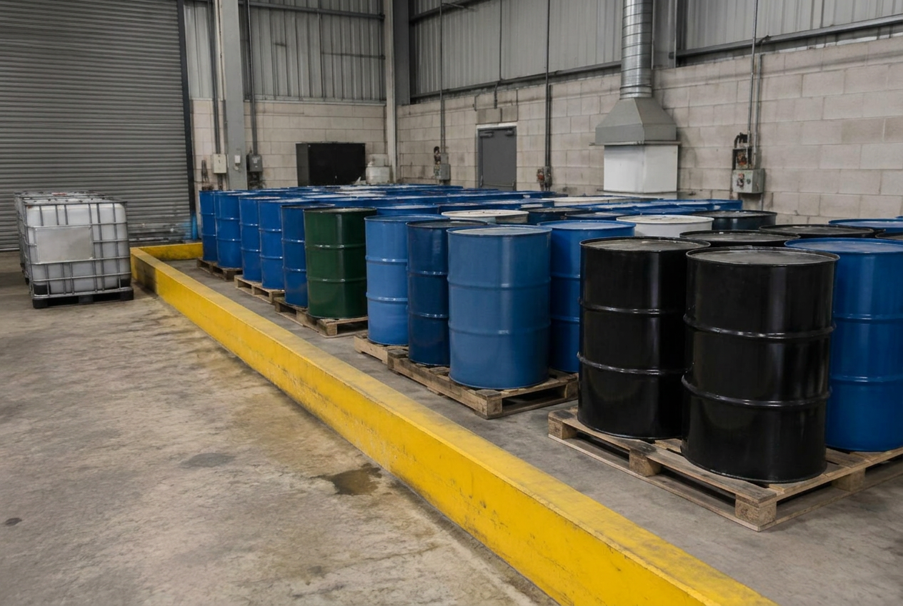Labelled hazardous waste drums stored in a bunded compound at a licensed transfer station