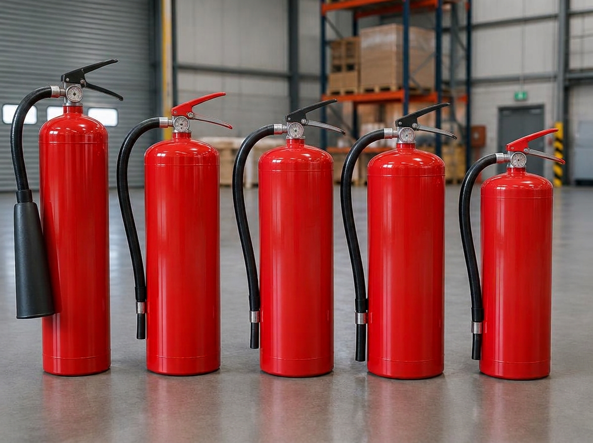 CO2, foam and dry powder fire extinguishers lined up in a warehouse