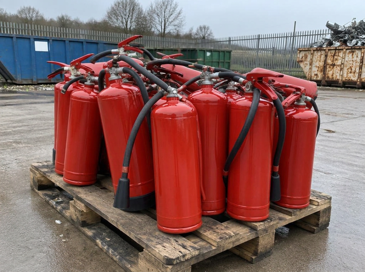 Decommissioned fire extinguishers stacked on a pallet in a waste transfer yard