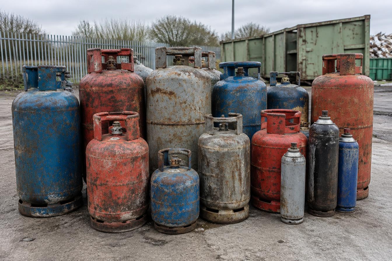 Old and corroded gas canisters and cylinders awaiting collection at a waste facility
