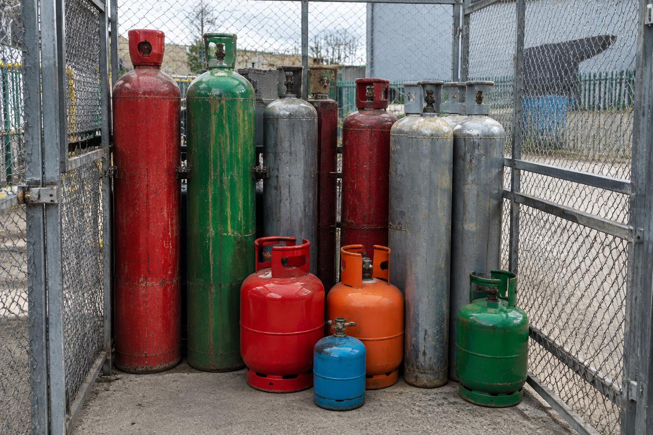 Industrial gas cylinders and gas canisters stored in a secure caged compound