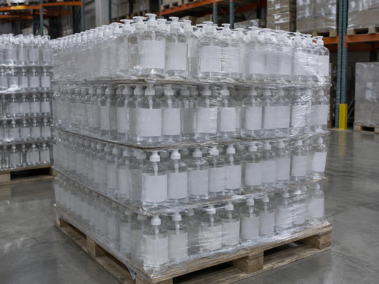 Out of stock hand sanitiser bottles stacked on a warehouse pallet