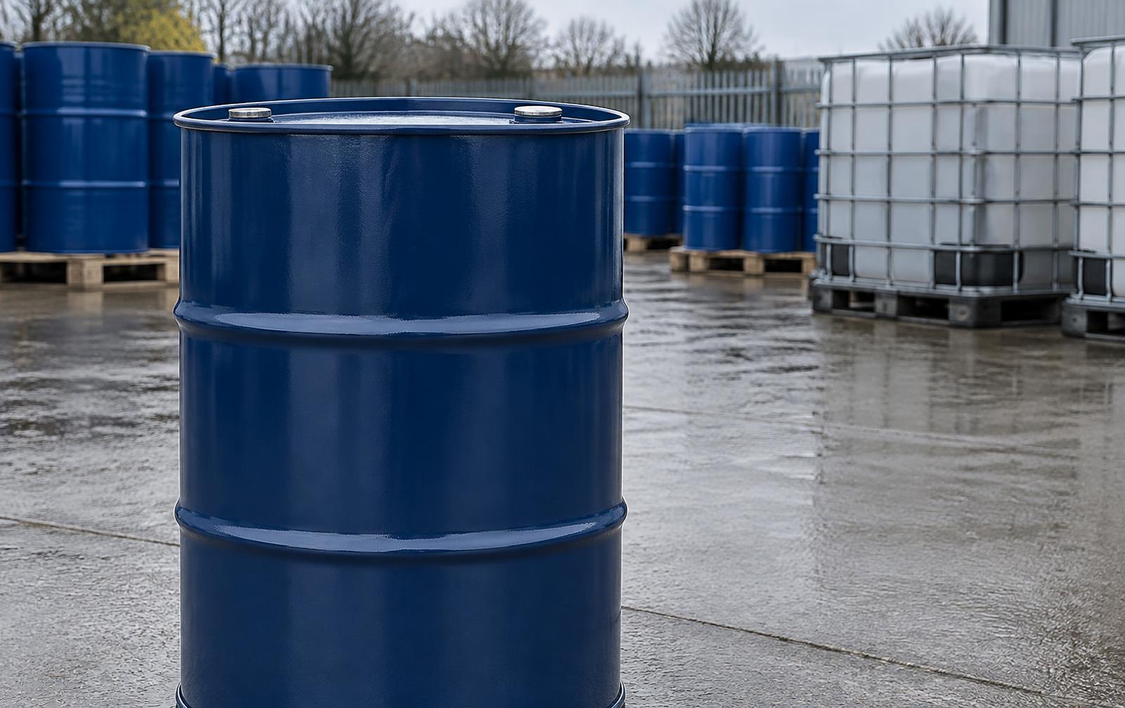 Orange hazard warning diamonds on a sealed steel waste drum in a UK industrial yard