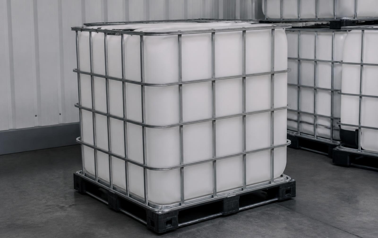 Empty caged IBC container on a plastic pallet awaiting collection and reconditioning