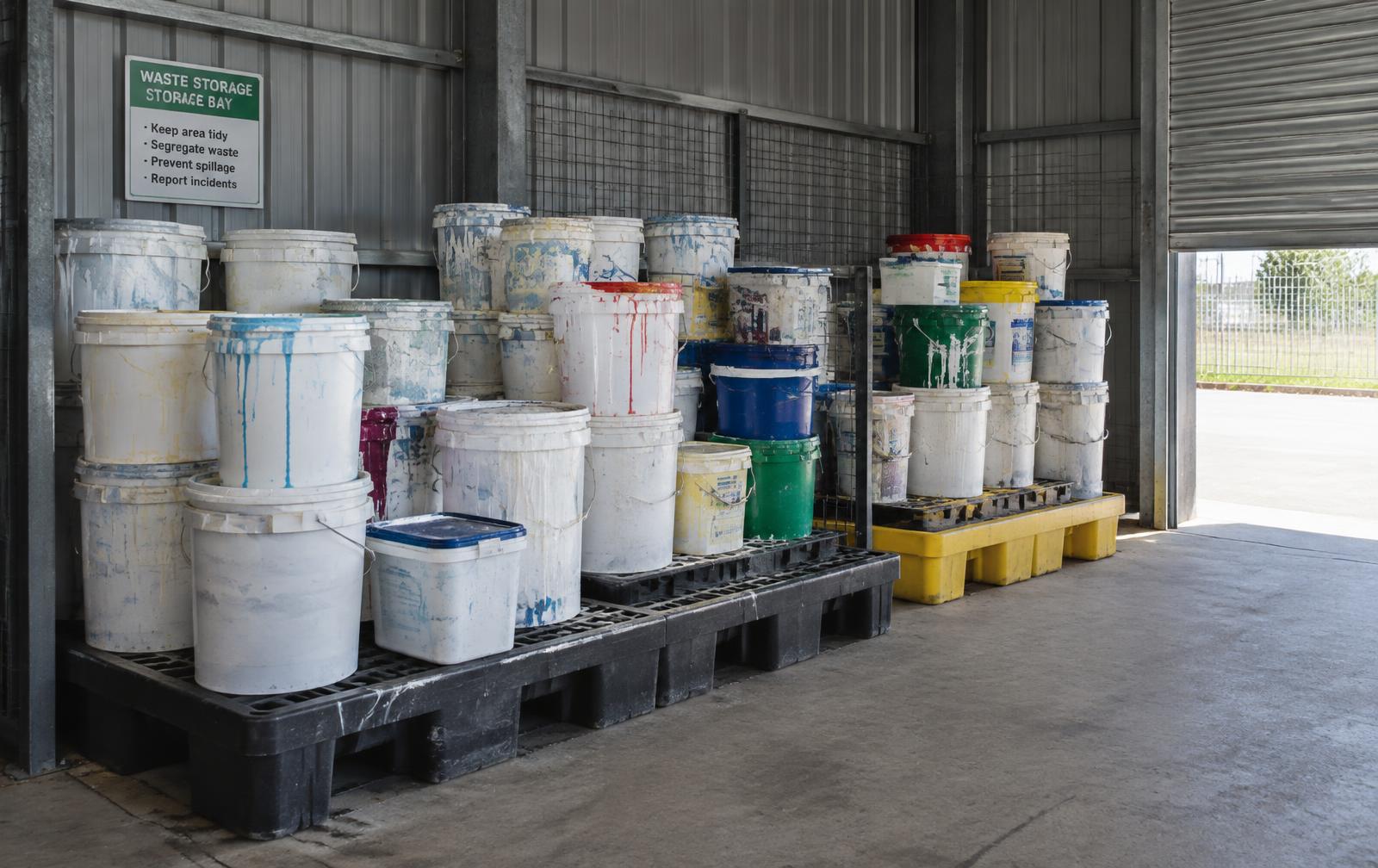 Plastic paint buckets stacked on spill pallets in a waste storage bay