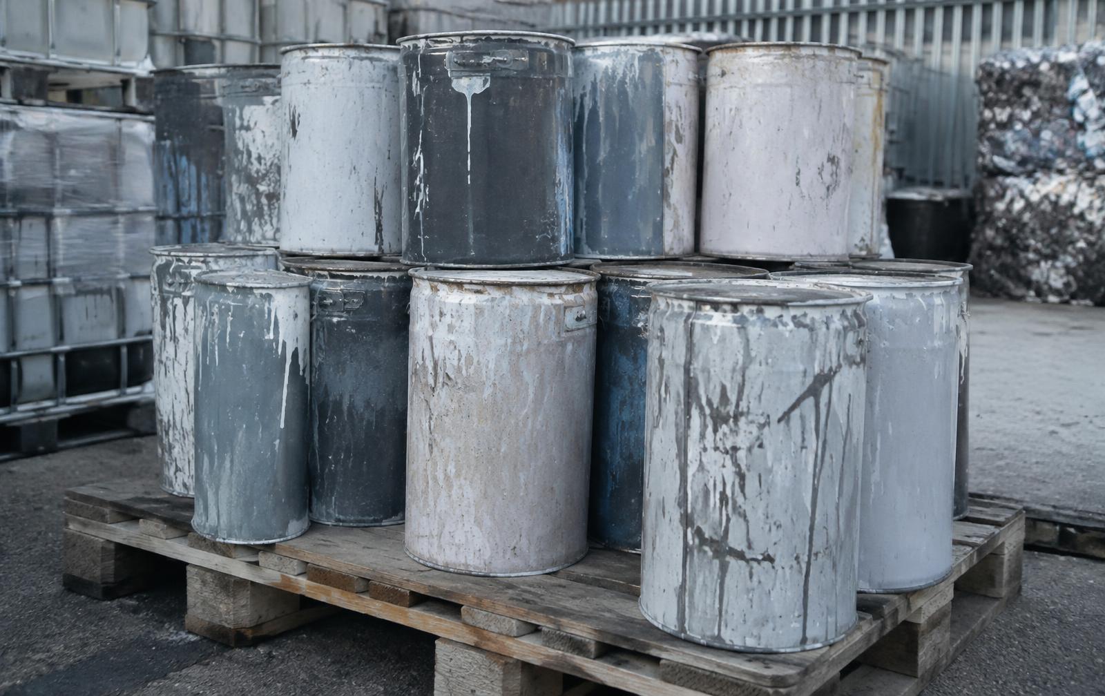 Hazardous waste paint tins stacked on a pallet for collection