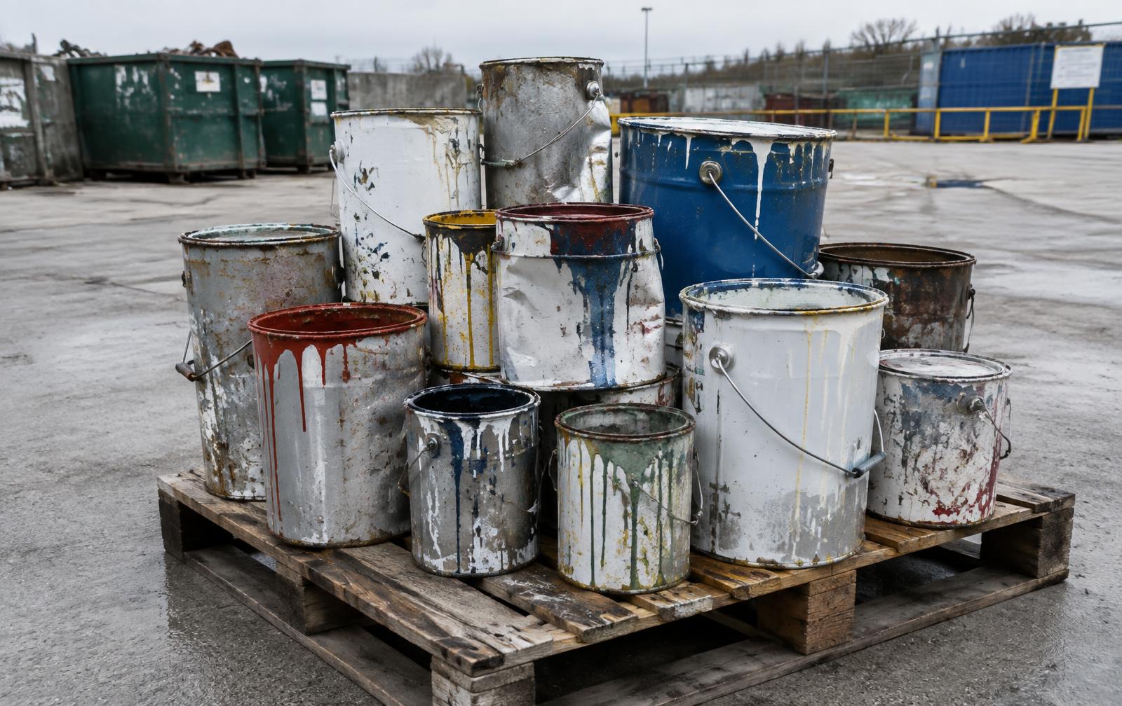 Used waste paint tins and buckets on a wooden pallet in a waste transfer yard