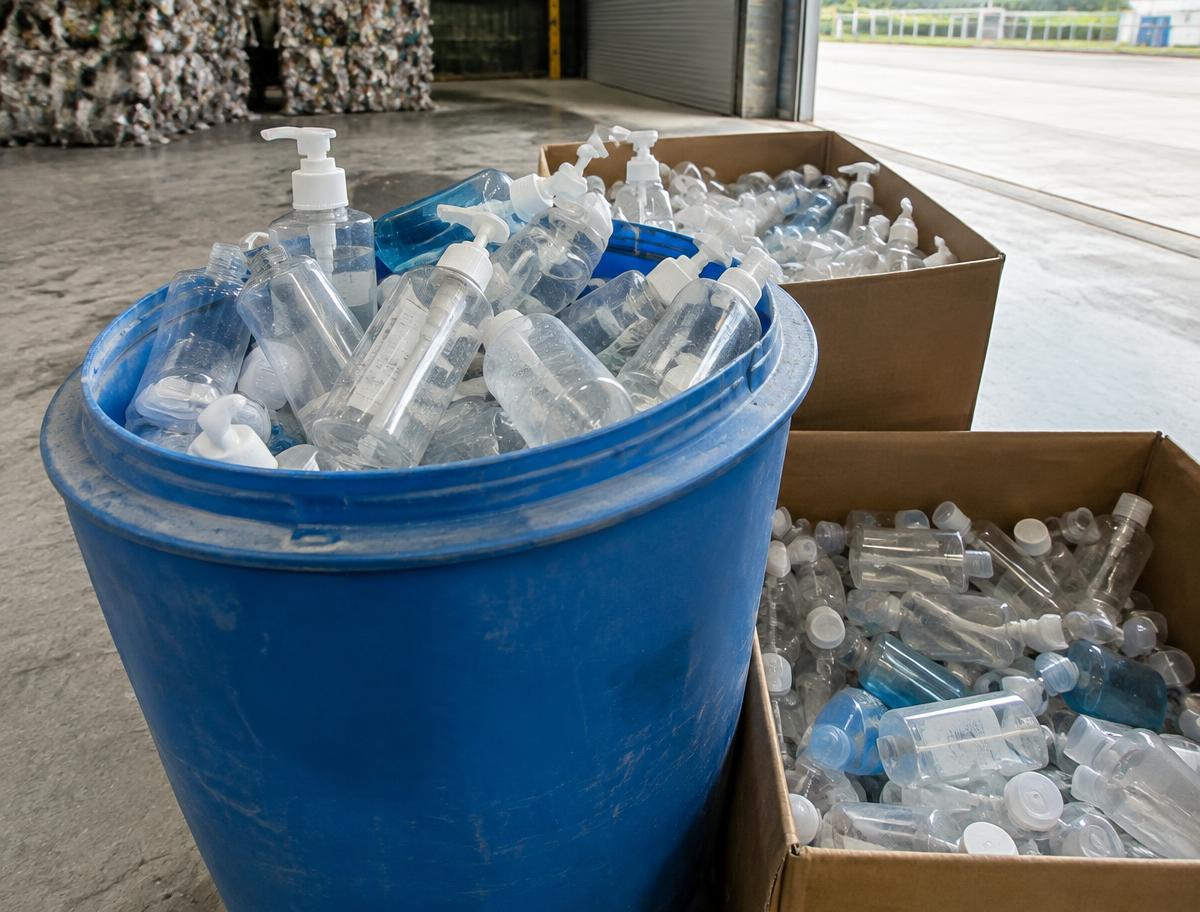 Used hand sanitiser bottles packed into a waste drum and boxes at a transfer facility