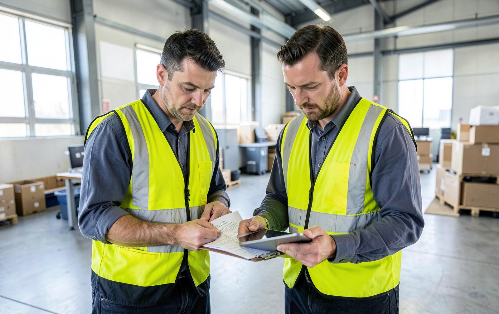 Two site managers reviewing waste transfer paperwork inside an industrial warehouse