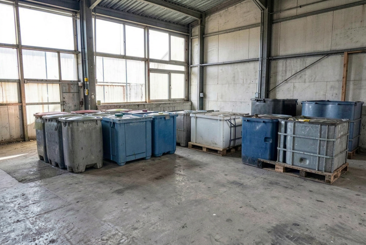 Segregated hazardous waste containers and IBCs stored on a bunded concrete floor