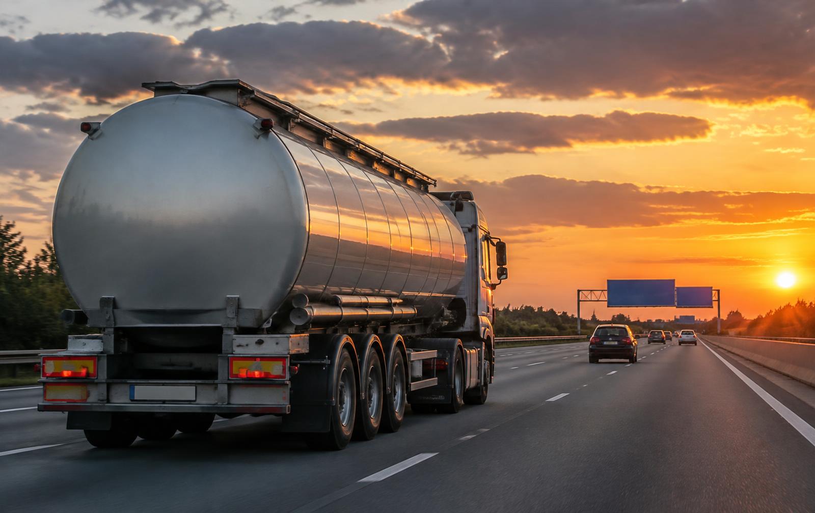Tanker carrying hazardous waste on a UK motorway at dusk