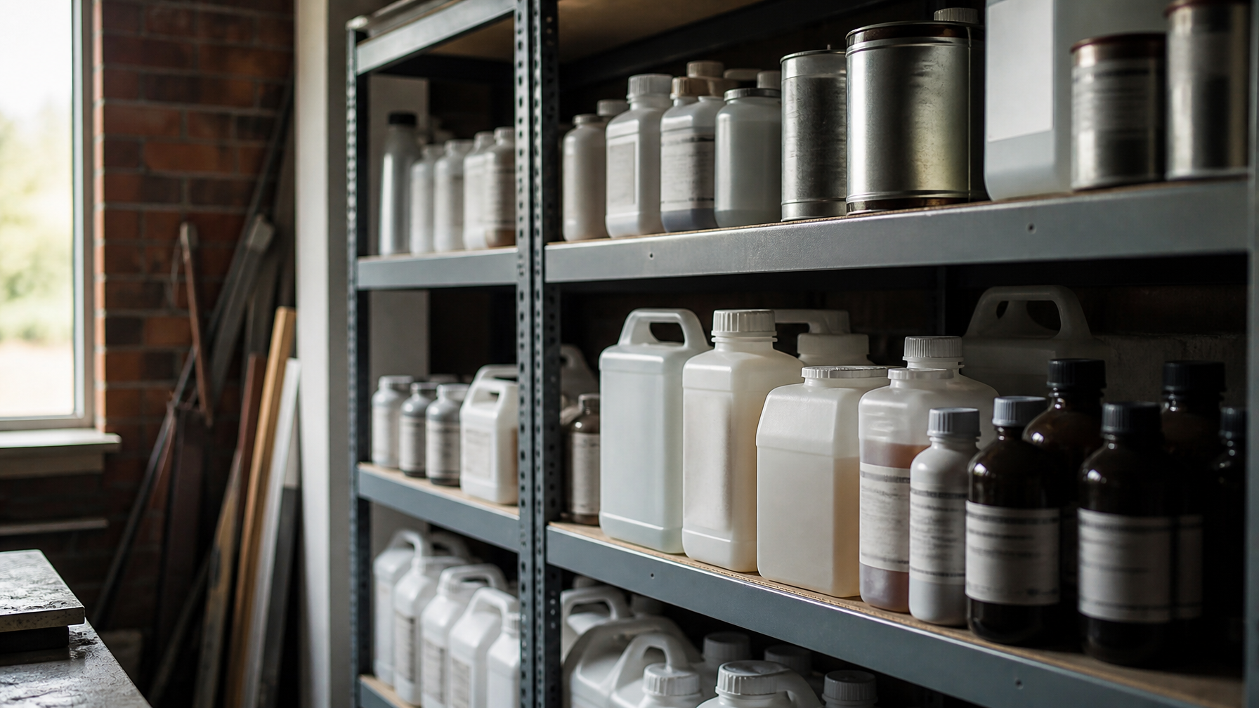 Sealed chemical containers and bottles on a metal workshop shelf with out-of-focus labels