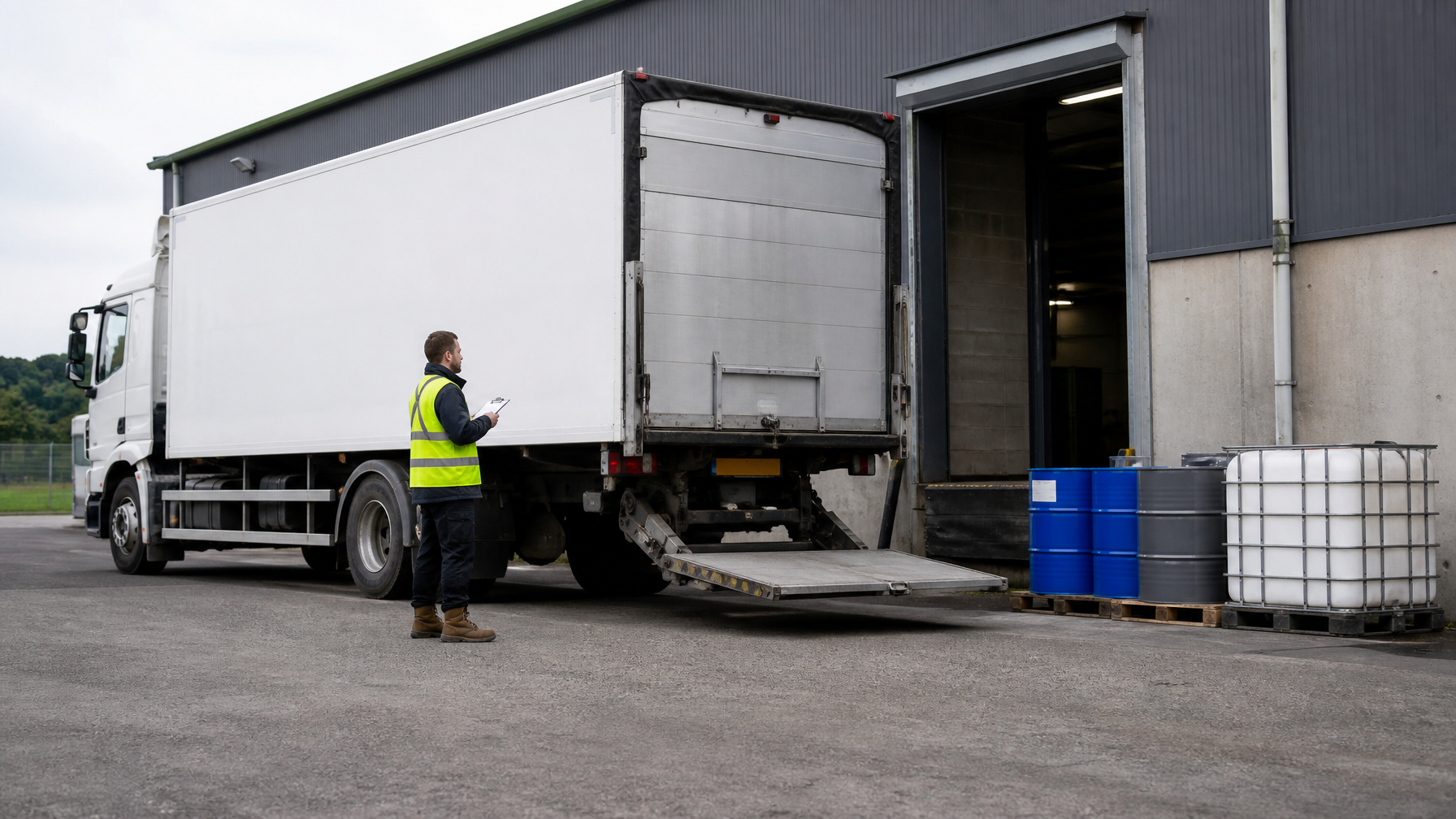 Worker in hi-vis with a clipboard beside a waste collection lorry and sealed drums at an industrial loading bay