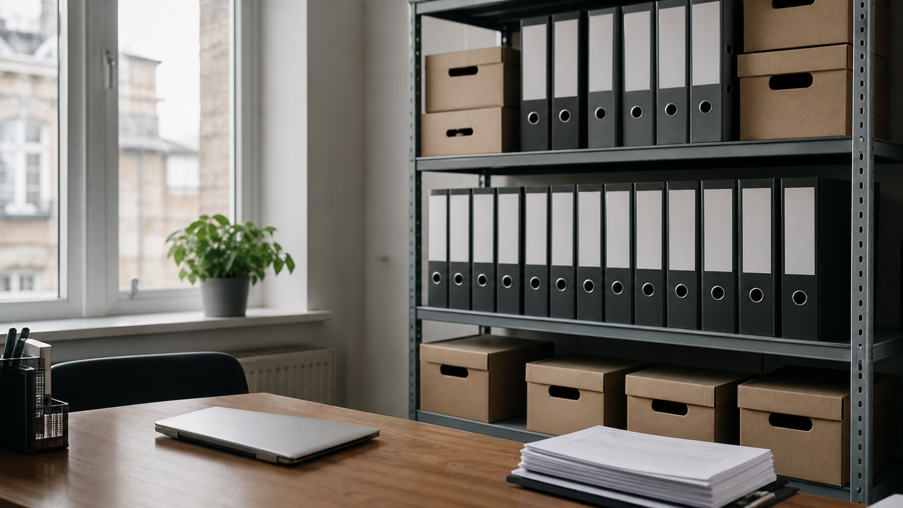 Office shelving with neatly labelled box files and ring binders beside a desk with a laptop in a small business office