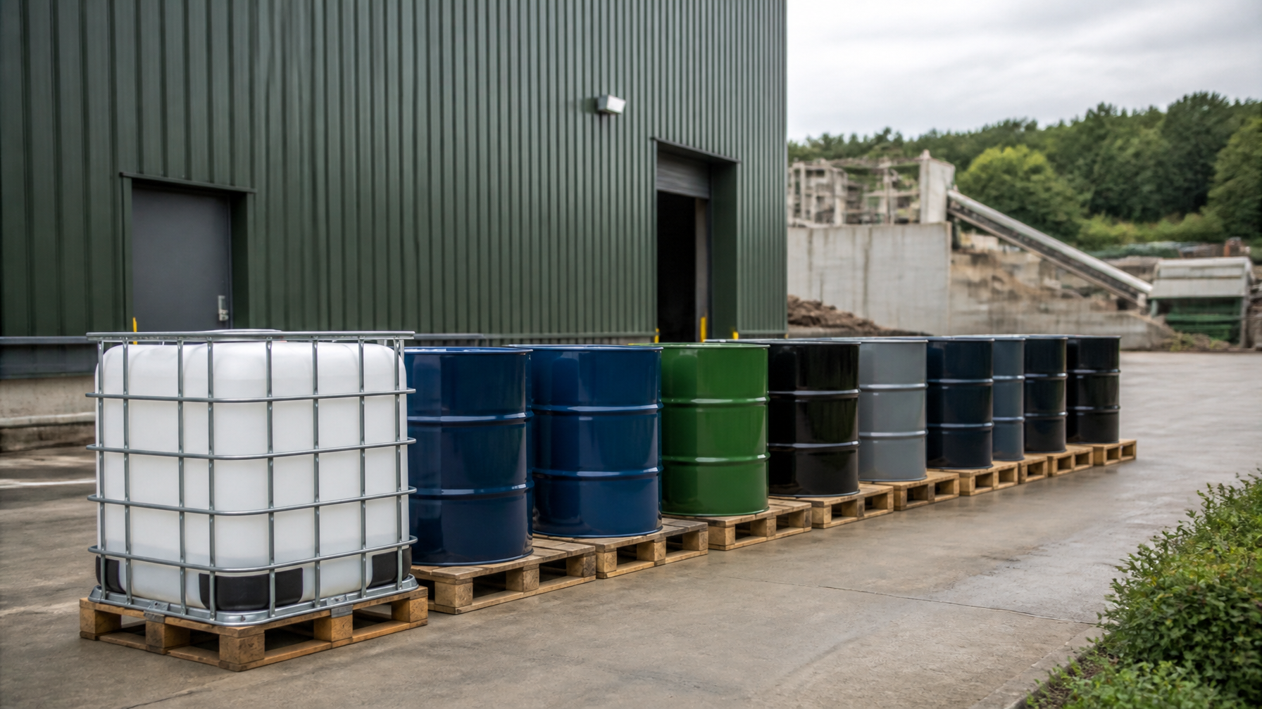 Sealed drums and an IBC container lined up on pallets outside an industrial recycling facility