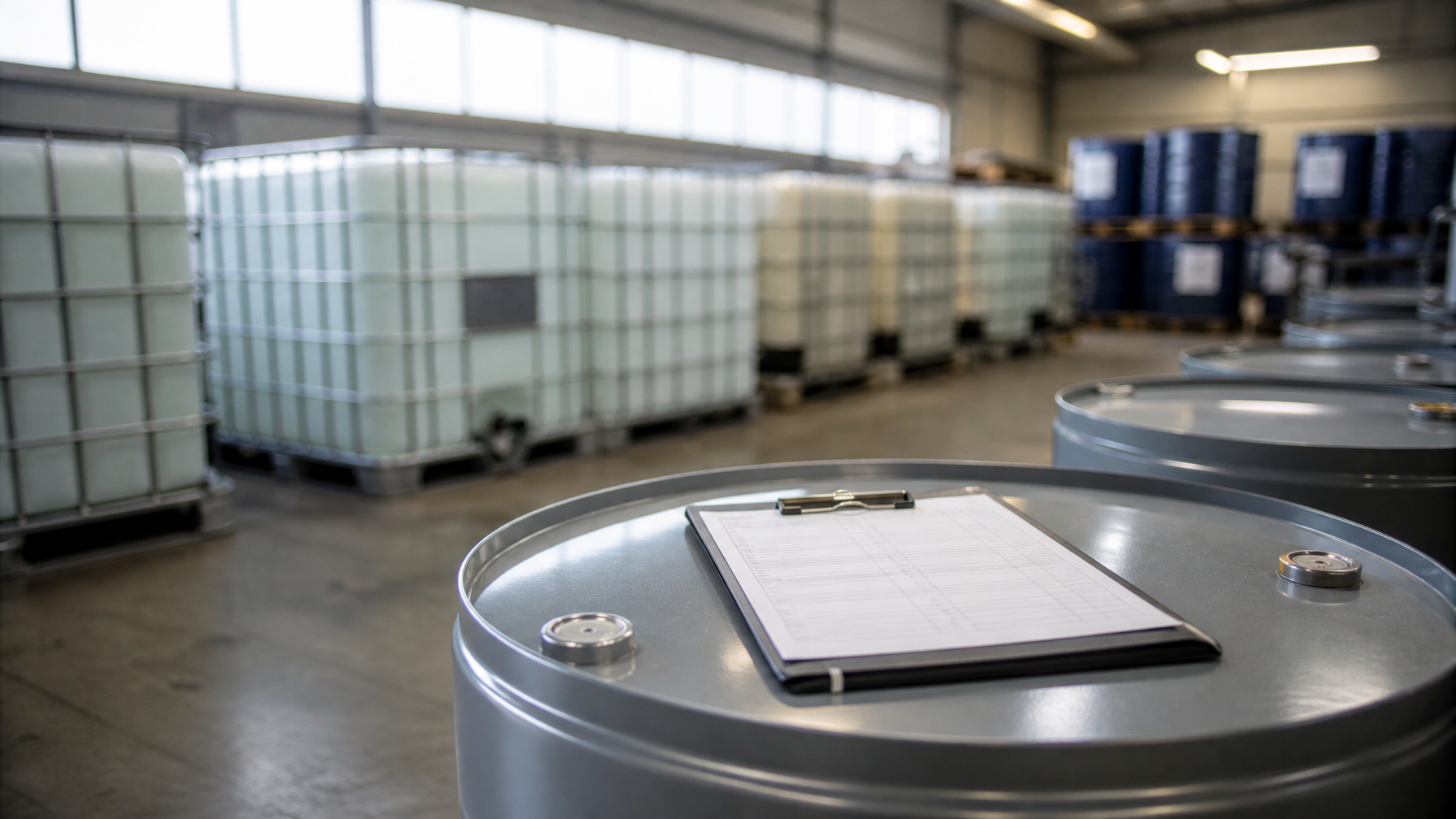 Clipboard with a blank paperwork form resting on a sealed drum in a tidy industrial waste storage area