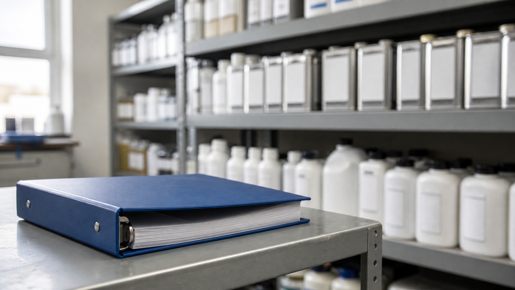 Closed ring binder on a shelf in a chemical store, with sealed bottles and tins in the background